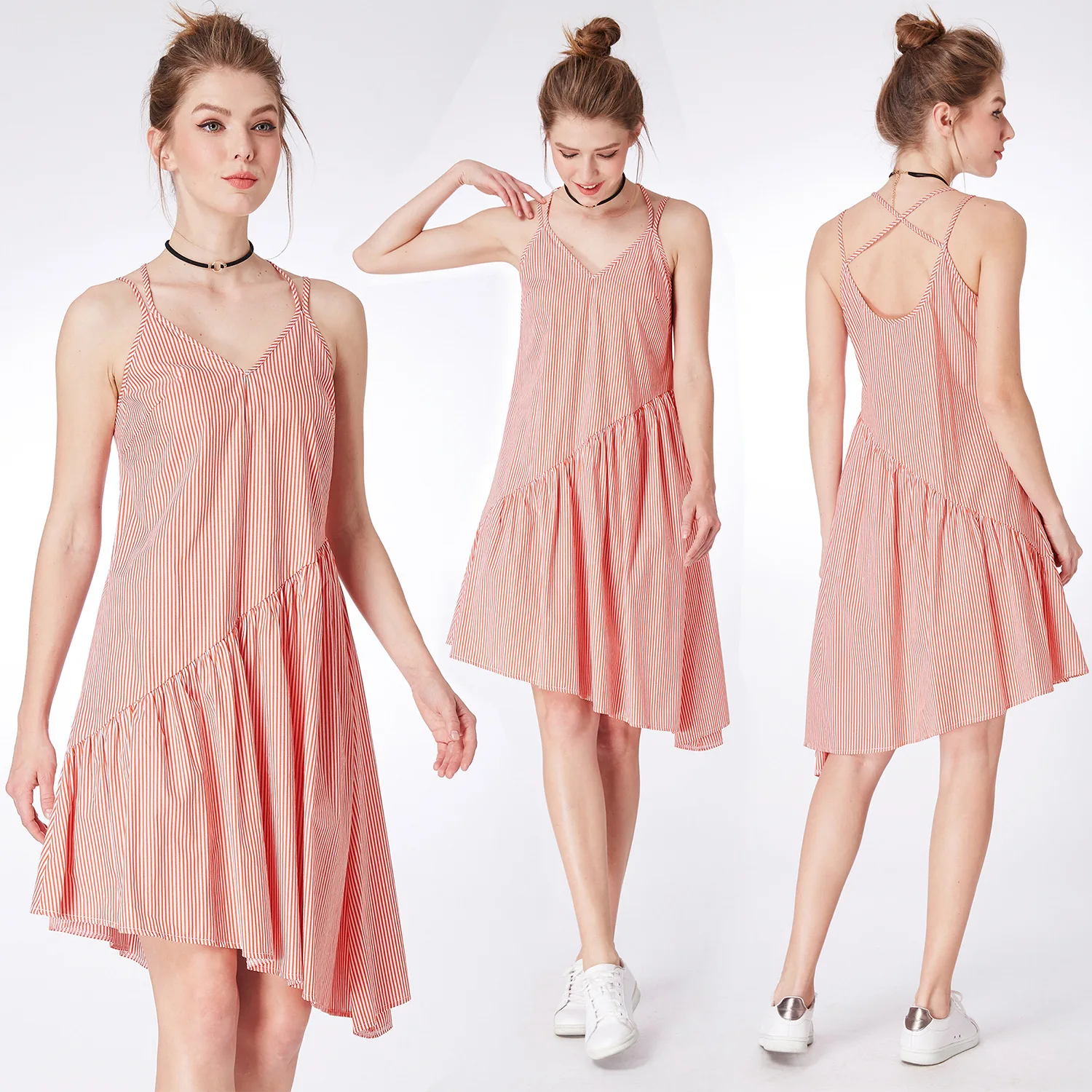 

2020 Europe And America Spring New Style Camisole V-neck Plaid Dress Women's