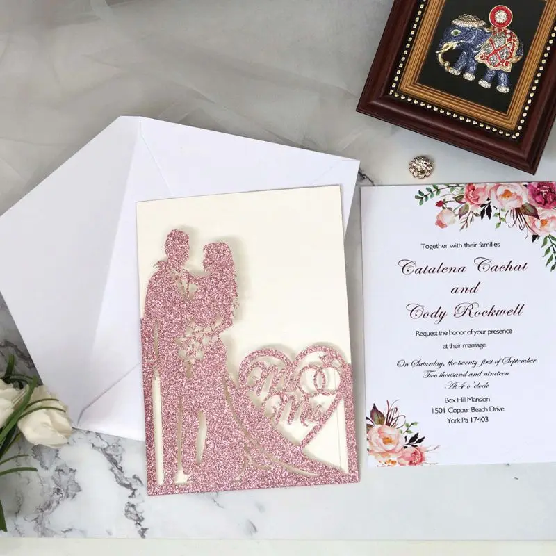 10pcs/set Glitter Laser Cut Mr& Mrs Wedding Invitations Card Party Supplies M6CE