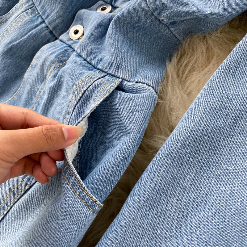 Chic Denim Dress Autumn New V-neck High Waist Buckle Slim Mid-Calf Jean Dress Vintage Slim Fit Ladies Dress J6