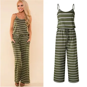 

2019 Women Lace Up Stripe Print Jumpsuit Summer Casual Loose Style Rompers