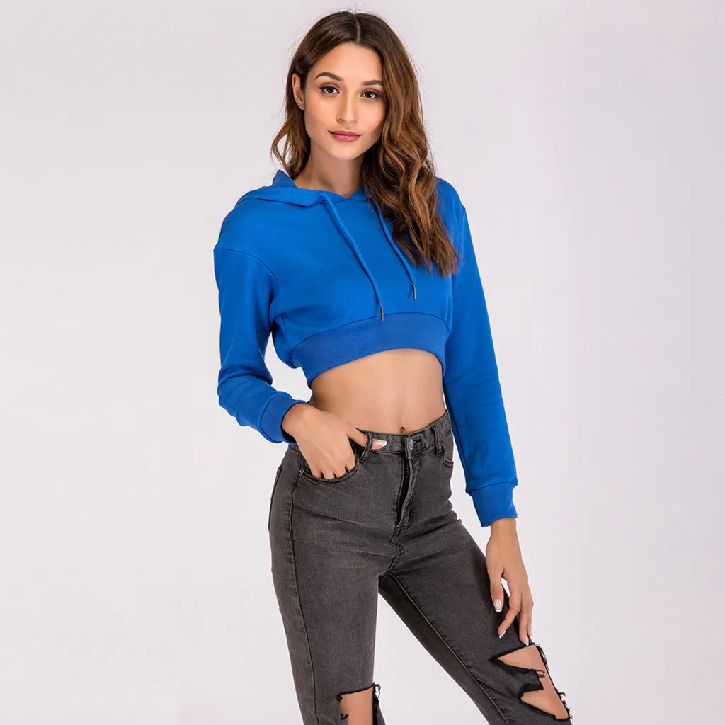 Hoodies Women Autumn 2019 Solid Long Sleeve Hooded Harajuku Streetwear Crop Top Hoodie Hoodies And Sweatshirts Women Pullovers