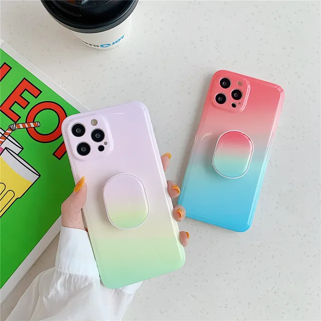 Candy Color Gradient 3D Bracket สำหรับ IPhone 12 Mini 12 11 Pro Max X XR XS Max Cover สำหรับ iPhone 7 8 Plus ซิลิโคน Capa