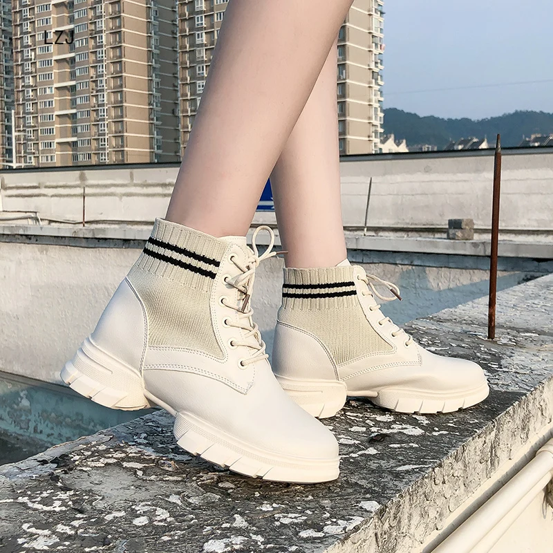 

LZJ Smile Circle Size36-40 Chunky Motorcycle Boots For Women Autumn 2019 Fashion Round Toe Lace-up Combat Boots Ladies Shoes