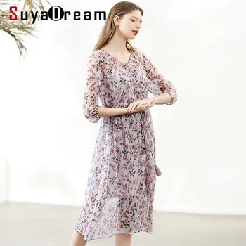 

SuyaDream Women Floral Dress 100%Silk Half Sleeved A line V neck Belted Printed Dresses 2020 Spring Summer New