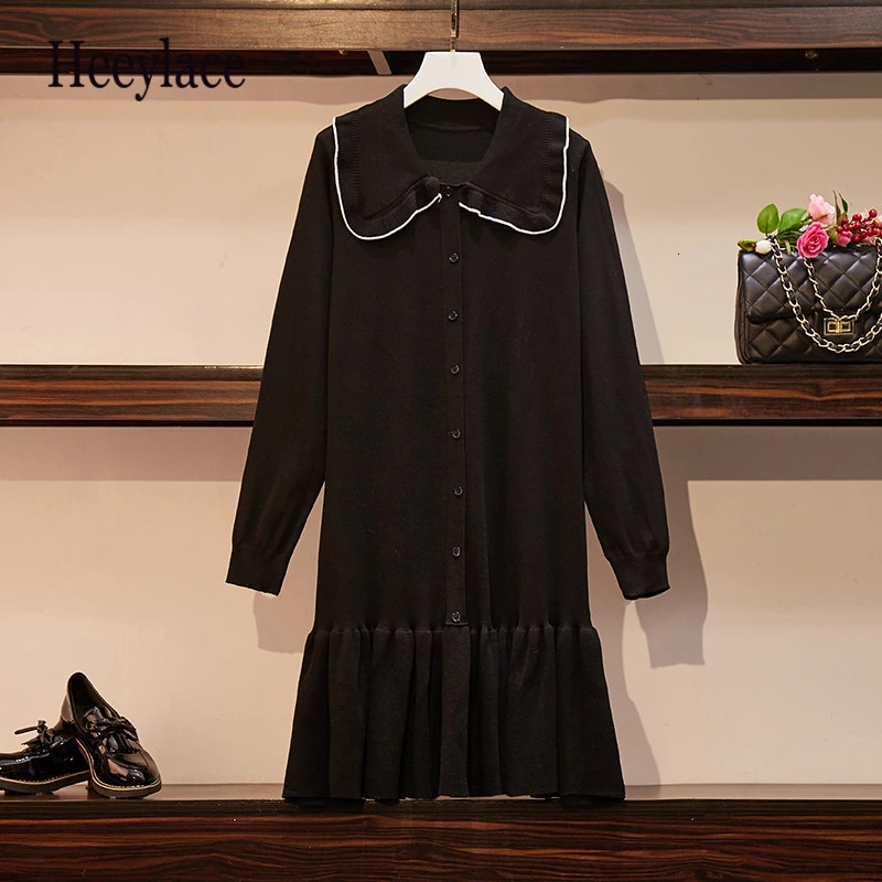 

5xl Plus Size Women Knitted Sweater Dress Autumn Winter 2019 Fashion Peter Pan Collar Long Sleeve Loose Casual Ruffle Dresses
