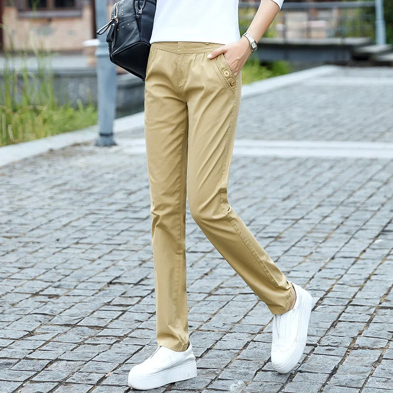 Korean Style Women Casual Spring Summer  Trousers Solid Elastic Waist Pants Full Length Straight Pants Pantalon Femme