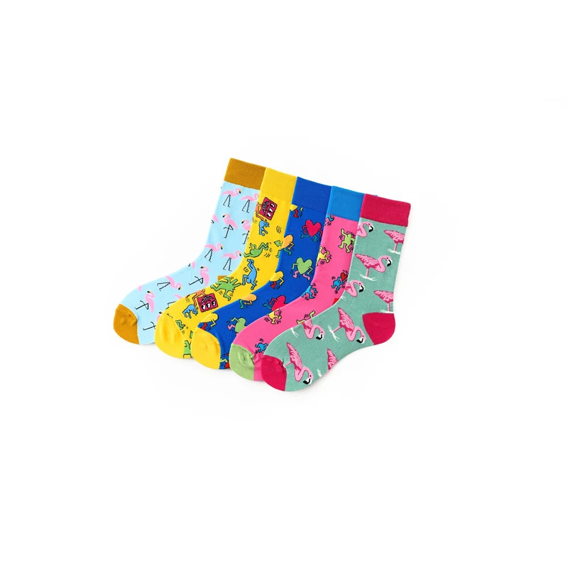 1 пара модных носков забавные спортивные цветные носки с изображением фламинго тренд пары хлопковых повседневных длинных носков с сердечками красный желтый