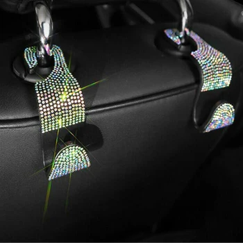 

2x Crystal Rhinestone Car Back Seat Headrest Hanger Hooks For Bag Grocery Holder