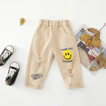

Hot Sale Kids Baby Girls Clothing Children Kids Jeans Autumn Casual Smile Jeans Denim Pants Elastic Trousers Cartoon Hole Pants