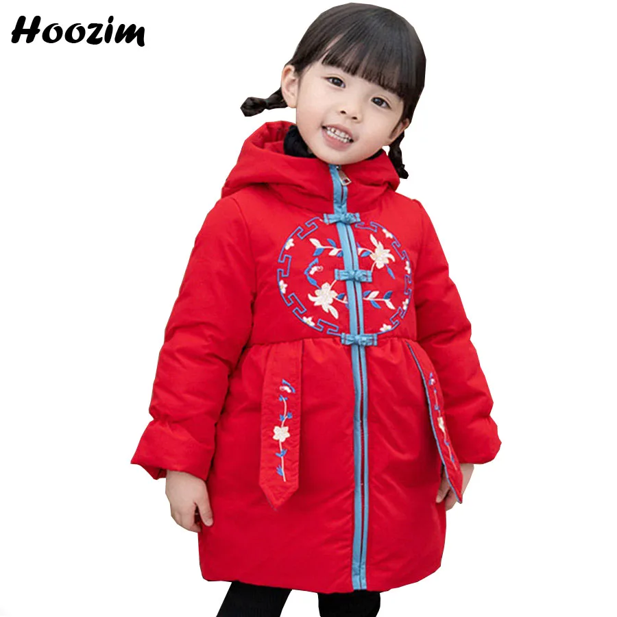 

2019 Chinese New Year Jacket For Girls 2-8 Years Vintage Embroidery Floral Parka Children High Street Winter Long Coat For Girls