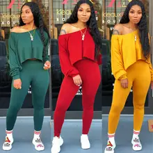 Aliexpress - Women 2 Piece Outfits Long Sleeve Off Shoulder Crop Top Pants Set Casual Jumpsuit Autumn Sexy T-Shirts Pure legging Clothings
