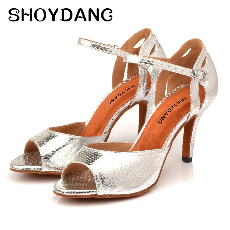 Silver PU Latin Dance Shoes Ladies High heeled Ballroom Dance Shoes