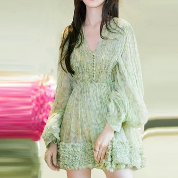 

Fashion Women Dress V-neck High-Waisted Print Ladies Dresses Temperament Summer New 2020 Women Clothing