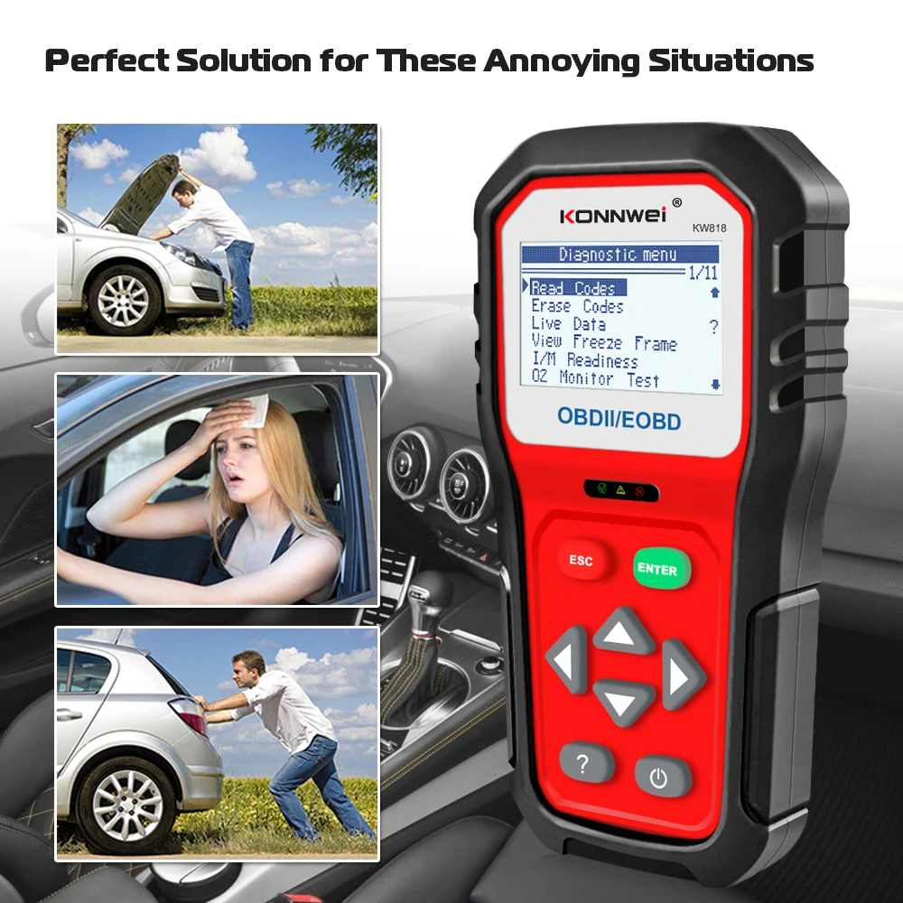 US $67.44 Konnwei Kw818 Enhanced Obdii Odb2 Eobd Car Diagnostic Scanner 12v Battery Tester Check Engine Engine Automotive Code Reader Tool