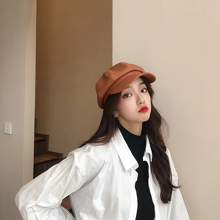 Элегантный винтажный берет из искусственной кожи, зимние шапки для женщин, повседневная шапка для девочек, восьмиугольная военная шляпа, шляпа моряка, модная женская кепка, козырек