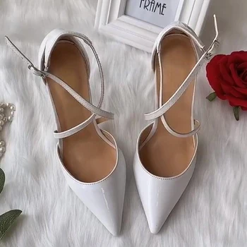 

Patent Leather Cross Design Women Pumps White High Heel Wedding Shoes Blue Casual Cover Heel Pumps Plus Size