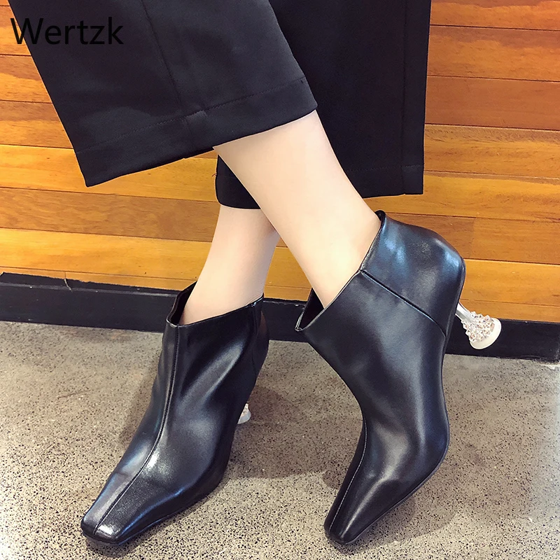 

2019 New Women Boots trend Autumn Winter Cool boots Slip-On fruit PU crystal High heel 7cm boots ankle boots for women A591