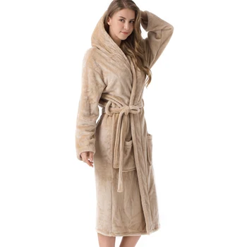 

Women Shimmer Belt Hooded Midi Luxury Pockets Warm Flannel Solid Dressing Gown Autumn Winter Night Long Sleeve Bath