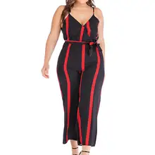 Plus Size Women Jumpsuits Fashion Casual Red Striped Sleeveless V-neck Rompers Overalls monos de fiesta Summer 2020 New L-4XL E
