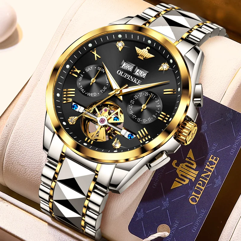 US $216.00 OUPINKE Top Brand Luxury Men Watches Automatic Black Watch Men Tungsten Steel Waterproof Business Sport Mechanical Wristwatch