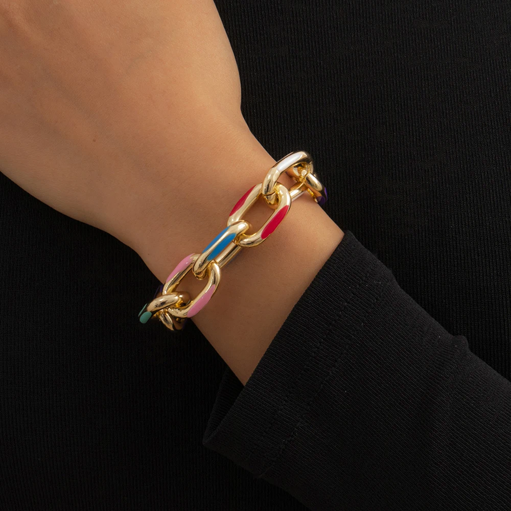 Lacteo Bohemian Colorful Painted Aluminum Chain Charm Bracelet Jewelry For Women Fashion Trendy Cross Chain Bangle Bracelet