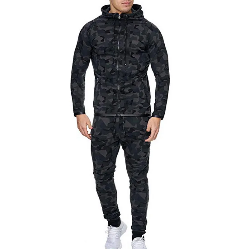 2 Pieces Sport Tracksuit Men Camouflage Print Ropa Hombre Set Zipper Pocket Hoodies Jackets Pencil Jogging 5