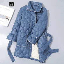 Ly Varey Lin, женские новые куртки-пуховики, зимний ультра-светильник, белая парка на утином пуху, теплая однобортная куртка с поясом, верхняя одежда
