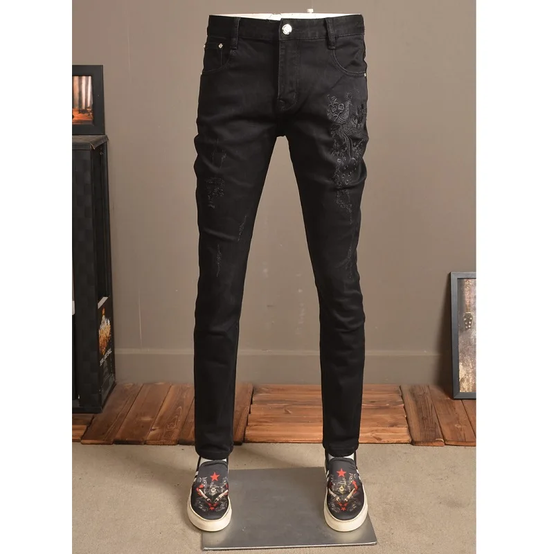 Jeans Peacock Embroidery Distressed Black Denim Men Fashion Stretch Straight Slim Fit Pants