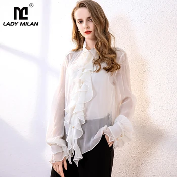 

100% Pure Silk Women's Runway Shirts O Neck Long Sleeves Ruffles Fashion Elegant Shirt Blouse Tops