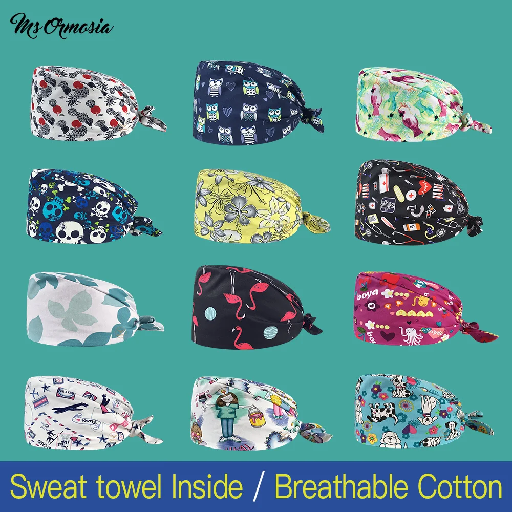 

Fashionable Pure Cotton Breathable Cartoon Printed Hat Adjustable Scrub Hat Beauty Salon Work Cap Lab Pet Shop Scrub Hat custom