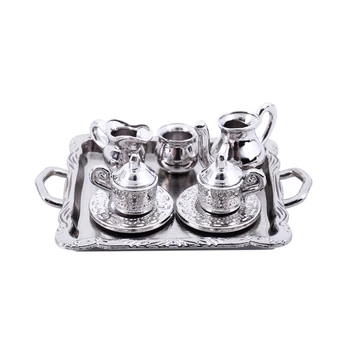 

Dollhouse Miniature 1: 12 Toy 8 pcs Metal Tea Set Length 6.5cm Silver