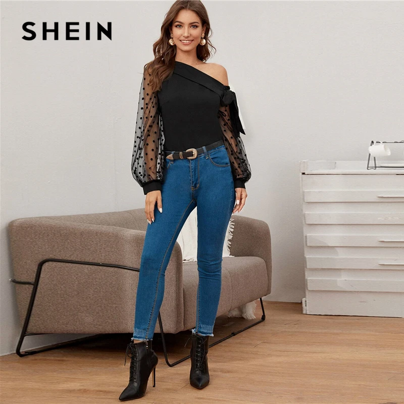 Goedkoop SHEIN Knoop Asymmetrische Fold Hals Dot Lantaarn Mesh Mouw Blouse Vrouwen Lente Zomer Sheer Glamorous Party Blouses