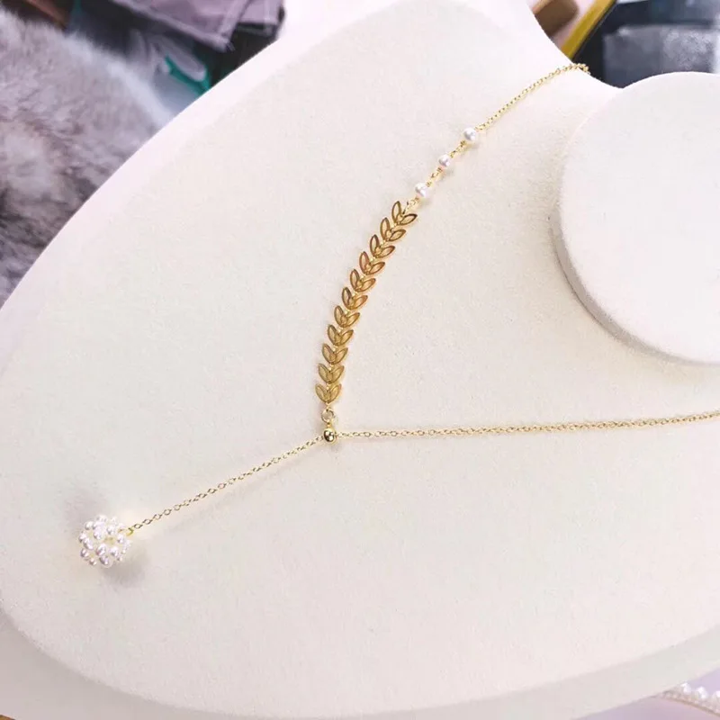 Europe And America Retro 14K Gold New Style Adjustable Wheat Necklace Creative Snowball Natural Freshwater Pearl Pendant Women's