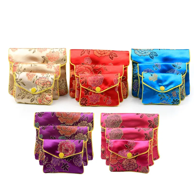Cheap Small Zipper Pouch Chinese Silk Jewelry Pouch Floral Credit Card