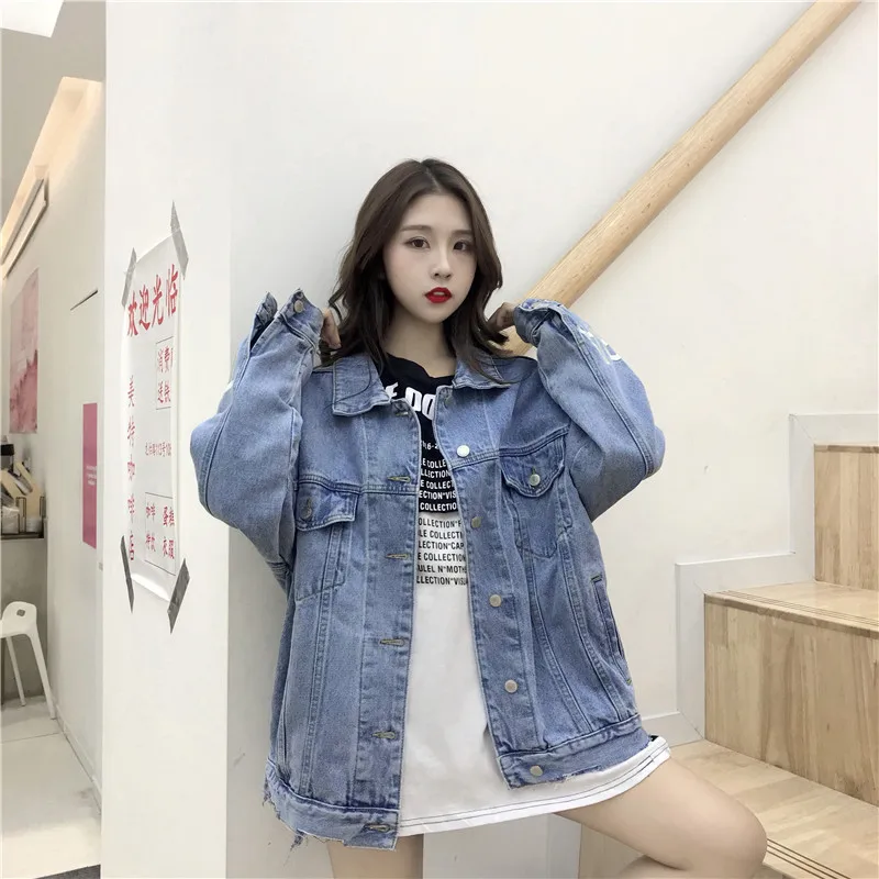 

Loose Women Denim Jacket Spring Autumn New Korean Wild Letter Single Breasted Lapel Long Sleeve Fashion Female Denim Coat A083