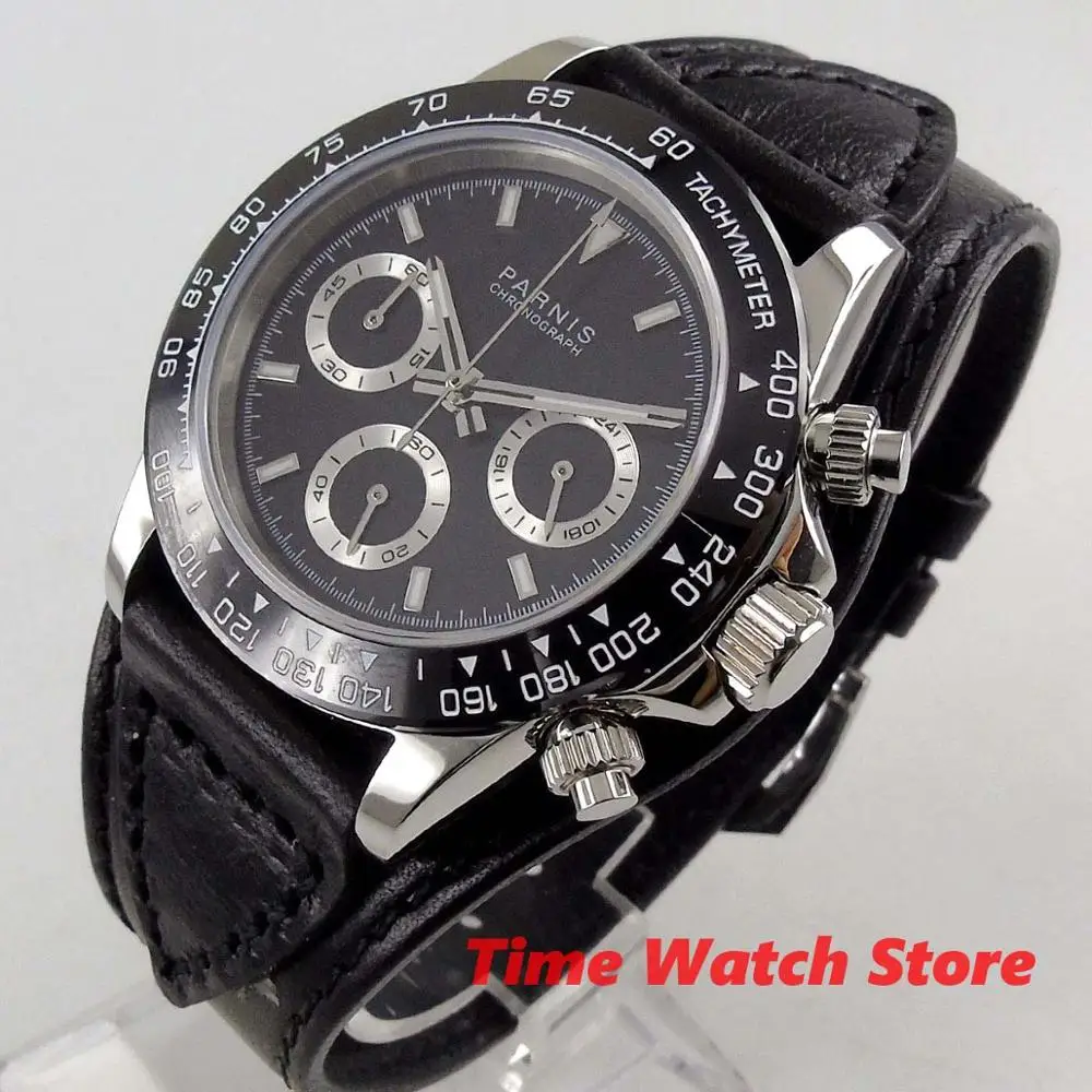 Роскошные 39 мм Parnis наручные часы мужские Кварцевые водонепроницаемые кожаный браслет Полный Хронограф белый черный циферблат светящийся ободок