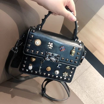 

Women Shoulder Bags Box Totes Rivets Punk Bags Crystal Totes Chain Leather Flap Handbag Vintage Bag Fashion Black Crossbody Bags