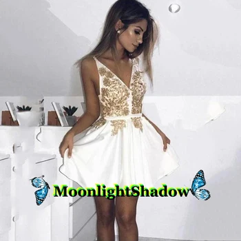

White Satin Cocktail Dubai Homecoming Deep V Neck Appliques Vestidos De Festa Prom Graduate Evening Party Custom Made