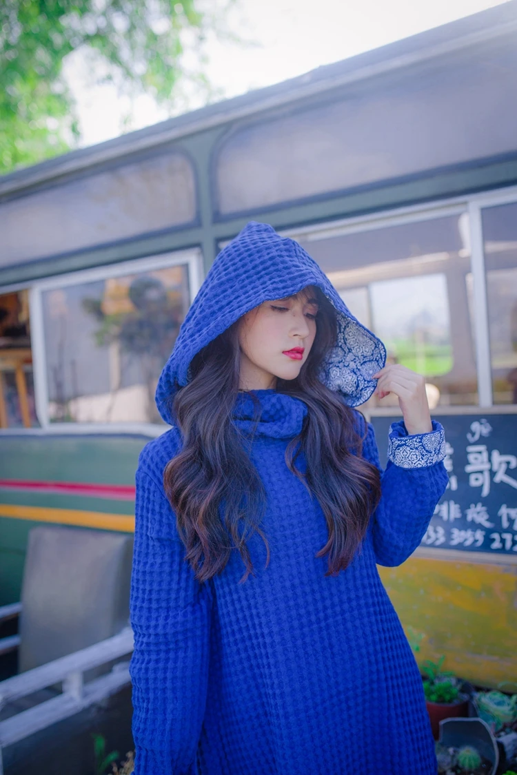 Autumn winter long maxi dresses plus size women vintage blue white porcelain cuffs patchwork hooded witch sorceress poncho robes