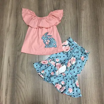 

baby Girl girls Easter outfits coral raglans bunny raglans with floral bell bottom capri pant girls outfits wholesale