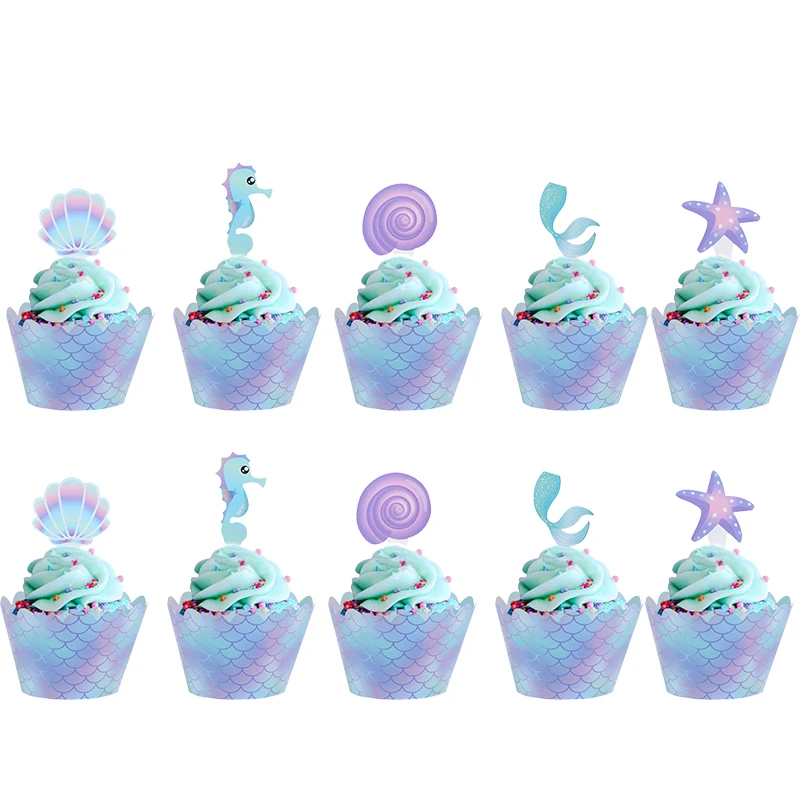 

20 sets Mermaid Party Cupcake Wrappers Seaweed/Hippocampus/Shell/starfish Under the sea Birthday and Baby Shower Party Supplies