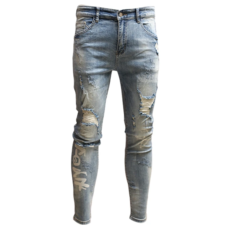 Streetwear Skinny Ripped Jeans Men Light Blue Jean Pants for Cowboys Men PSMJ73