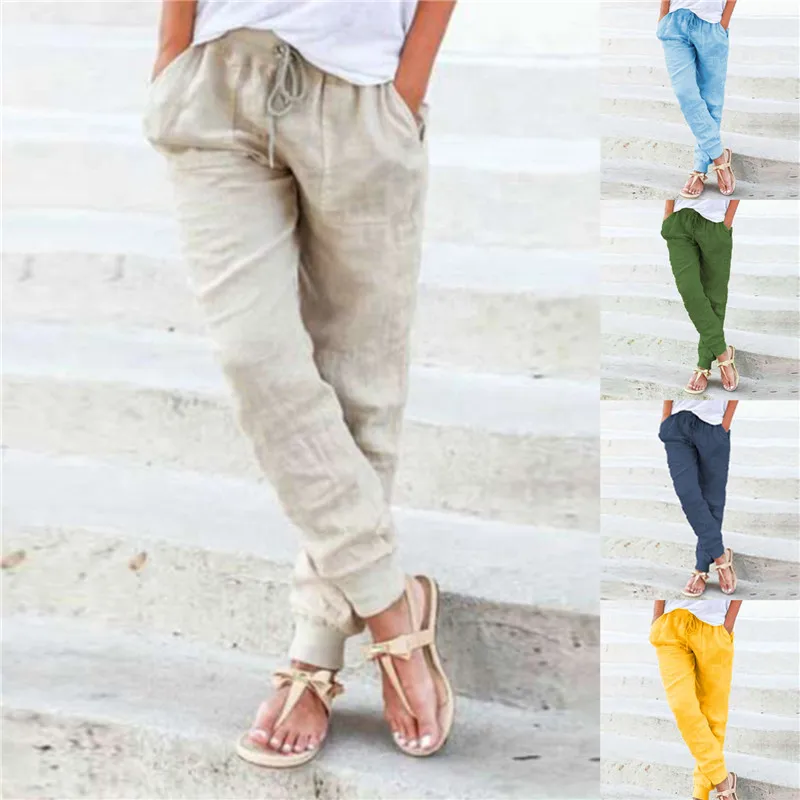 Women Cotton Solid Color Casual Comfortable Pants
