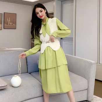 

2019 Autumn New Style Fashion WOMEN'S Knitting Sweater Waistcoat + Cake Dress Mid-length Two-Piece Set