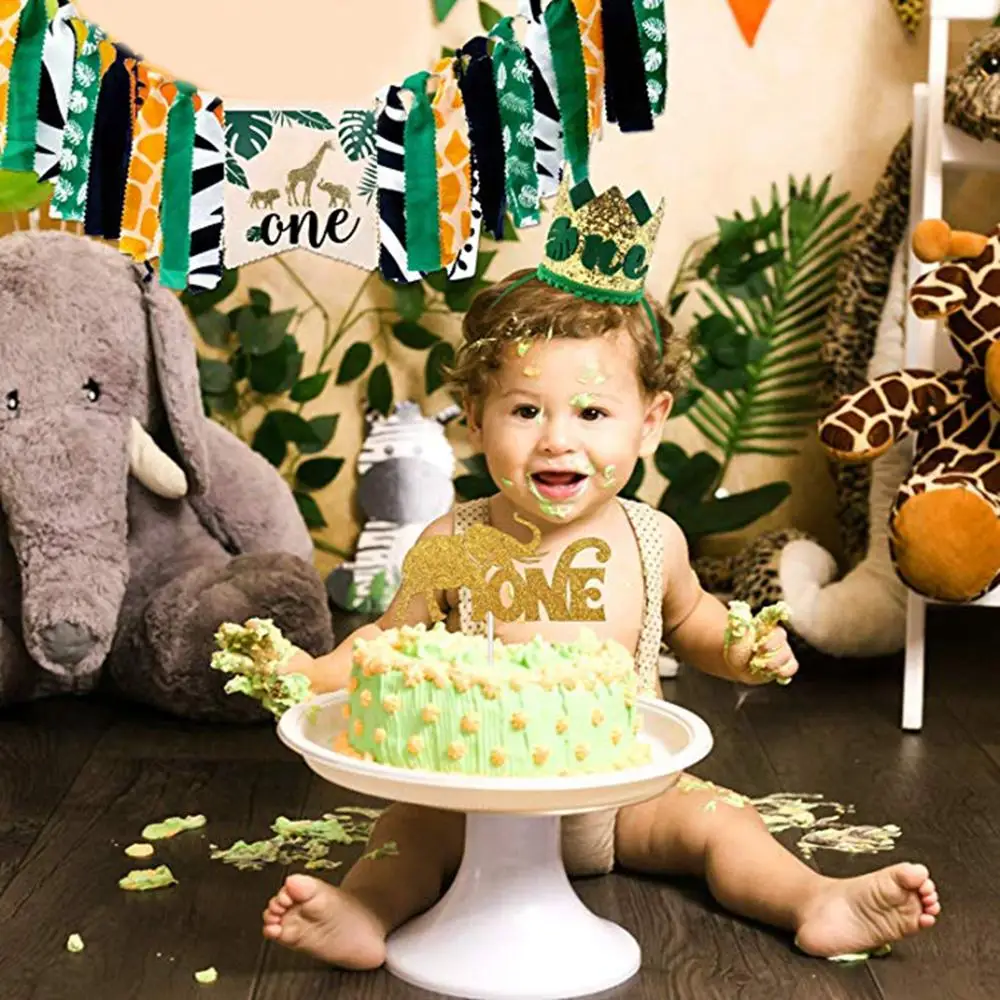 FENGRISE 1st Birthday Party Decoration Kids Banner Hat Cake Topper Jungle Safari Birthday Party Supply Animal First Birthday Boy