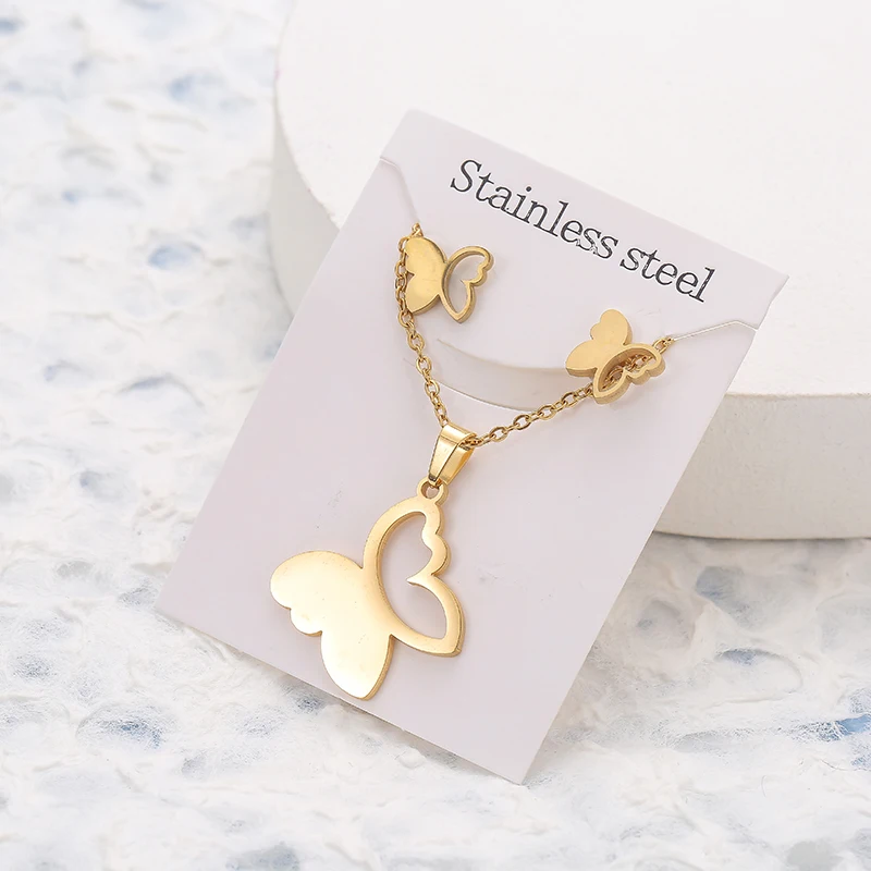 Jewelry Set Animal Flower Butterfly Stainless Steel Pendant Necklace Gold Color Chain Earrings For Women Gifts