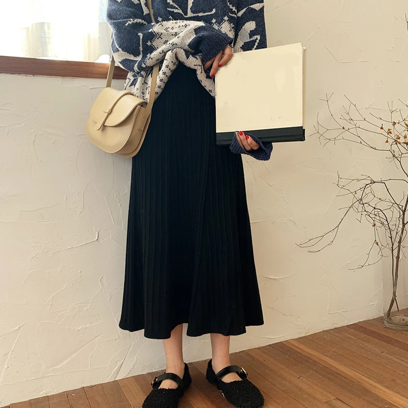 Black Skirt women RICININA, плиссированная юбка, женская, весенняя, однотонная, повседневная, Вязанная, макси, юбки, для женщин, s, миди, юбки, высокая талия, Винтаж, Jupe Femme T - Цвет: Black Skirt women