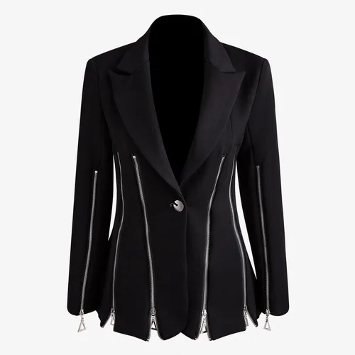 Multi Zipper Heavy Industry Women Black Blazer Notched Collar Long Sleeve Slim OL Style Female Blazers - Цвет: Черный