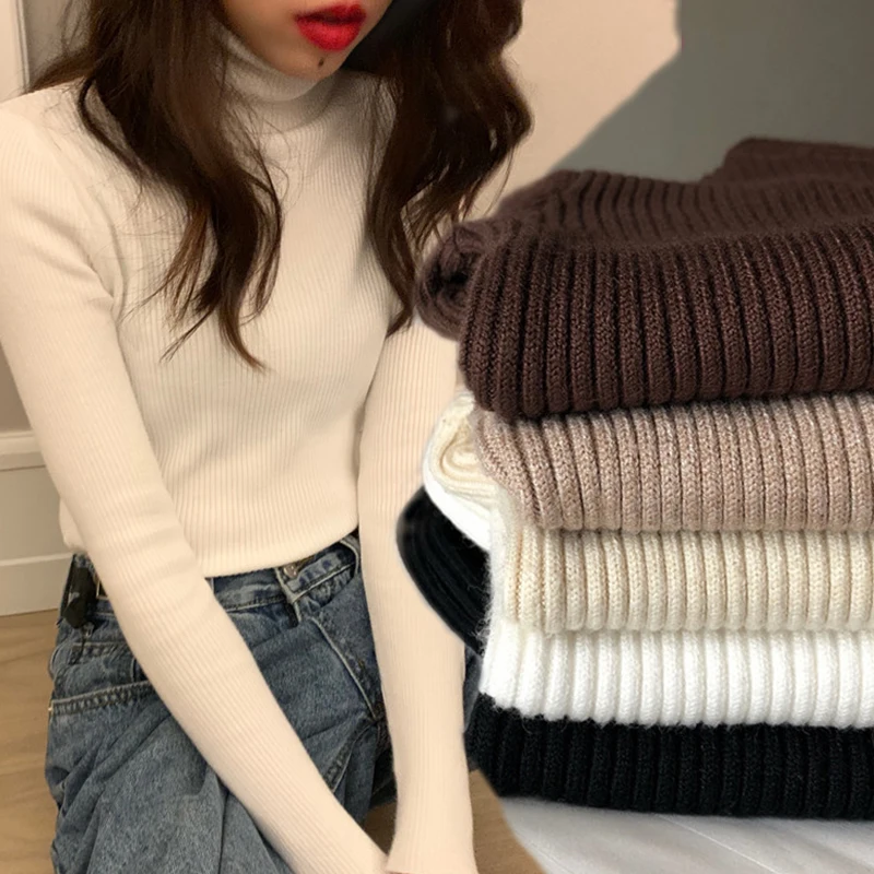 Winter Thin ribbed Turtleneck Brown Casual Sweaters Knitted Black Pullover Women Top Long Sleeve Polyester Sweater Autumn 2020 | Женская