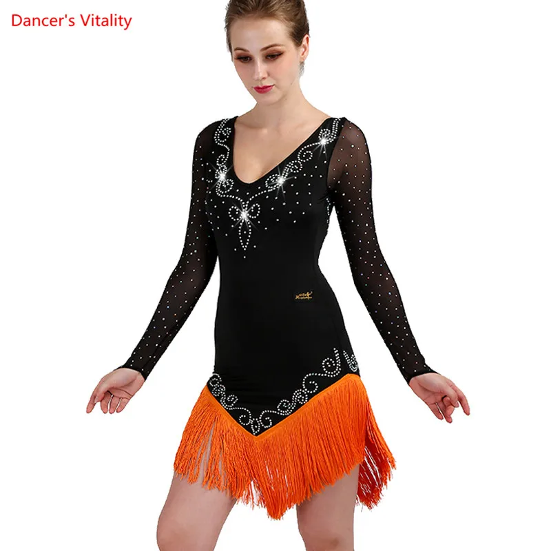 Rhinestones Tassels Latin Skirt Dance Dress Performance Belly Dance Costumes 